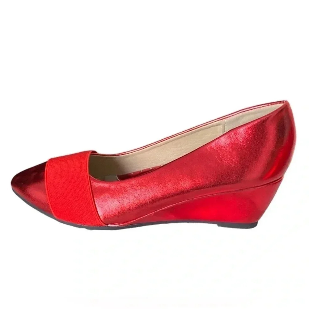 ANGEL STEPS | Metallic Red Dressy Pointed Slip-on Comfortable Wedge Size 6 - Picture 2 of 7